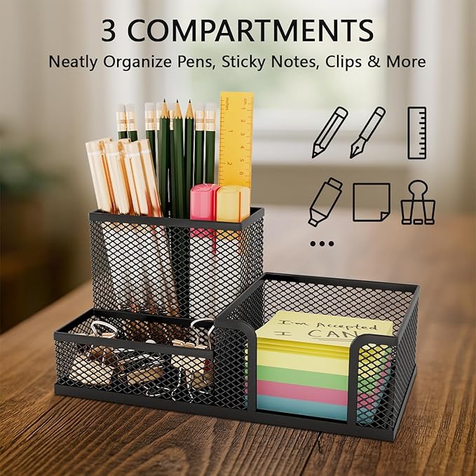Mesh Pen Holder for Desk 3 Compartment Desk Organizer for Pens Pencils Sticky Notes Office Accessories