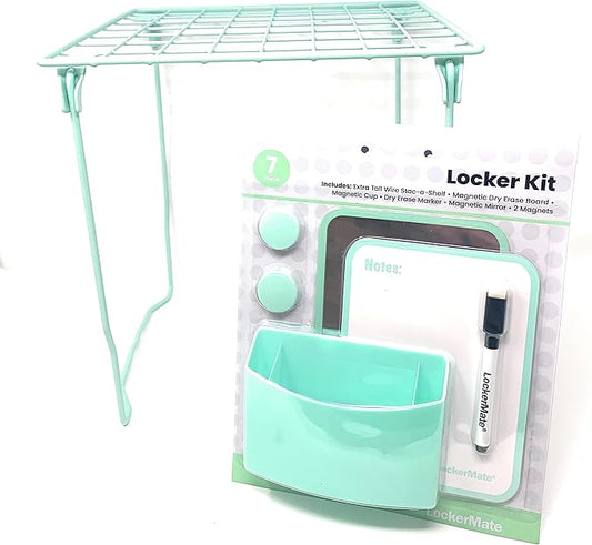 LockerMate 7 Piece Tall Wire Locker Kit with Magnets, Mirror, Dry Erase Board, Storage Cup, Dry Erase Marker School Supplies (Mist Green)