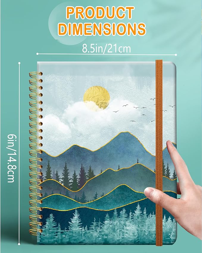 Ruled Spiral Writing Notebook,A5 Hardcover Lined College Journal for Women Lady Girl,Strong Twin-Wire Binding with Premium Paper,8.4" X 6",Perfect for School,Office,Home Gifts(teal mountain tree