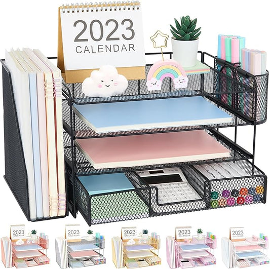Desk Organizer and Accessories, 4-Tier Desktop File Organizer with Drawer and 2 Pen Holders, Office Desk Accessories, Workspace Organizers for Office Supplies(Black)