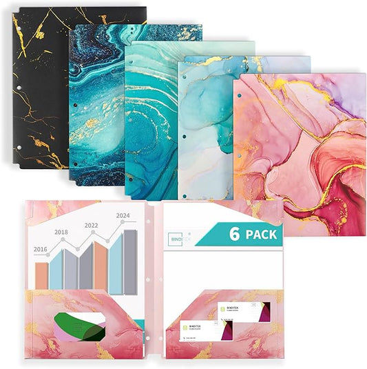 Binditek 6 Pack Heavyduty Plastic Folders with Pockets, Waterproof 2-Pocket File Folders with Card Slots, 6 Decorative Marble Color Designs, 3-Hole Punched for Letter Size