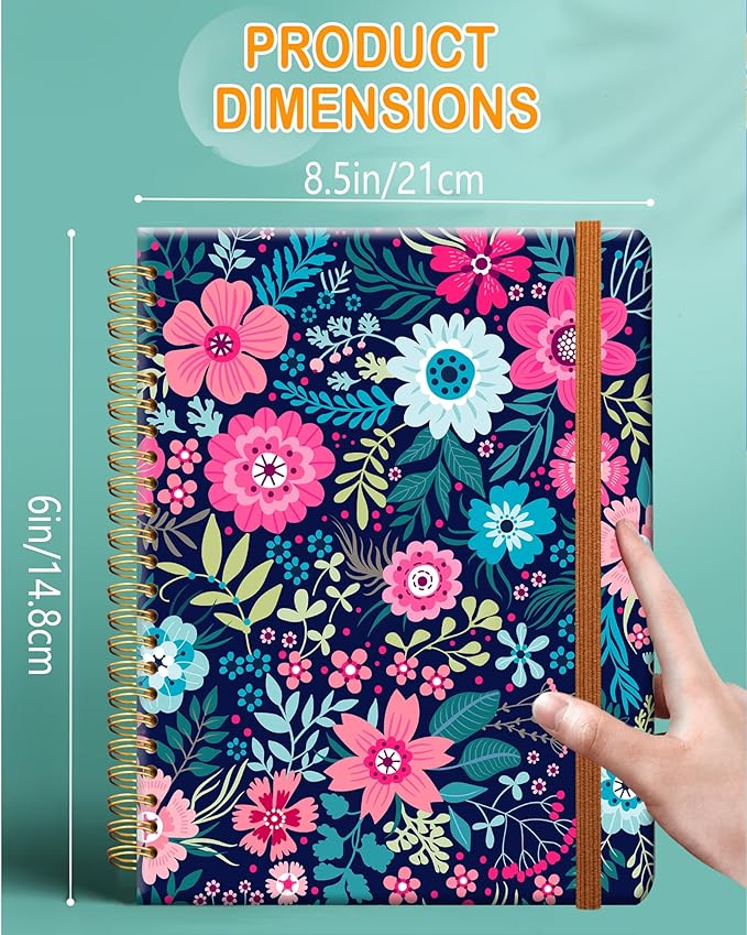 Ruled Spiral Writing Notebook,A5 Hardcover Lined College Journal for Women Lady Girl,Strong Twin-Wire Binding with Premium Paper,8.4" X 6",Perfect for School,Office,Home Gifts(colorful flower)