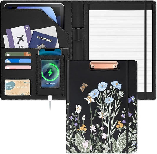 Ospelelf Foldable Leather Clipboard Padfolio with Notepad 8.5 x 11, Business Clipboard Portfolio Organizer, Flowers