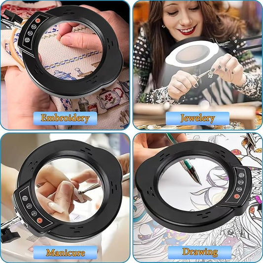 15X Magnifying Glass Desk Lamp with Metal Base, 5 Color Modes 10 Levels Adjustable Brightness, 360° Rotatable Flexible Aluminum Arms – Ideal for Reading, Crafting, Close Work, Eye-Caring Table Lamp