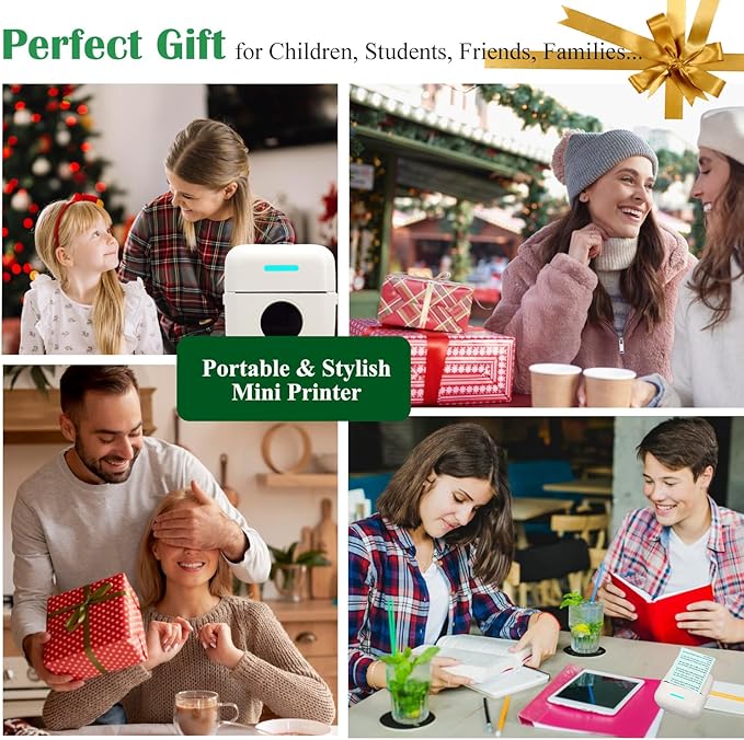 Mini Portable Printer, Inkless Sticker Printer with 12 Rolls Paper, Thermal for Notes/Photos/Stickers/Labels/Receipts, Compatible with iPhone, Android Phone & Tablet, White