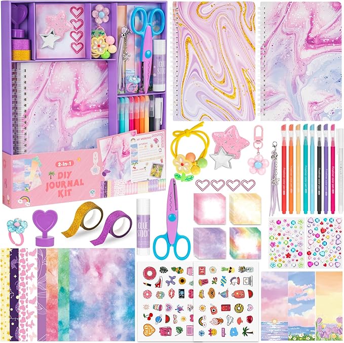 QIYVLOS 2 Pack DIY Journal Kit, Scrapbook Kit Toys for ages 8-13, Birthday Stationary Journaling Supplies Set Arts and Crafts Gifts for Teen Girls Ages 8 9 10 11 12 13 14 Year Old