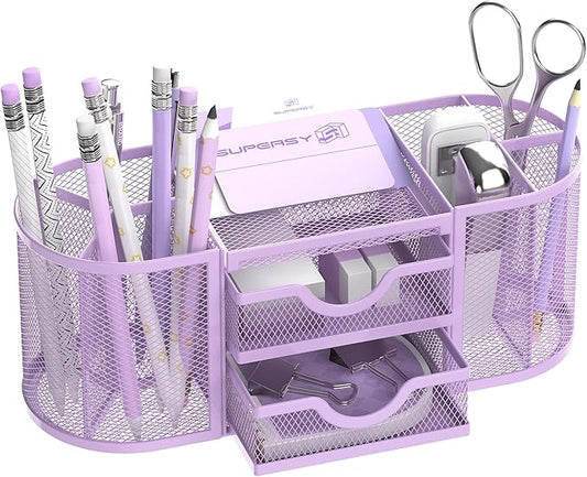 SUPEASY Mesh Desk Organizer, Desk Organizers and Accessories with Drawers, Pen Holder for Desk with 2 Drawers with 9 Compartments for Office Supplies, Purple