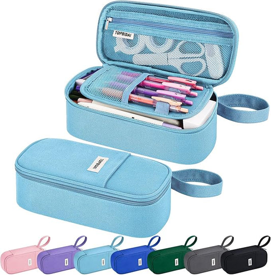 Large Pencil Case Pouch for Girls Boy Kids Children, Big Capacity Canvas Pencil Bag, Office College School Multi Compartment Zipper Stationery Pen Bag (Light Blue)
