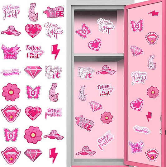 24 Pcs Preppy Locker Magnets for Girls - Pink Inspirational Magnets, Motivational Quote Decorative Magnets for Middle School Students Classroom Locker Decor