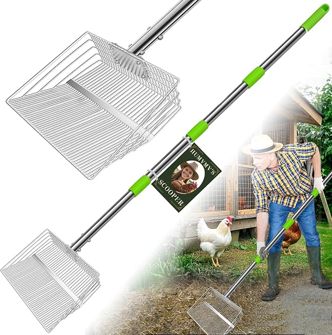 12inch Large Chicken Poop Scooper, 2 Widths of Slots Chicken Coop Litter Scoop with Stainless Steel Handle - 23" to 66", 4 in 1 Litter Sifting Shovel，Heavy Duty Chicken Coop Accessories
