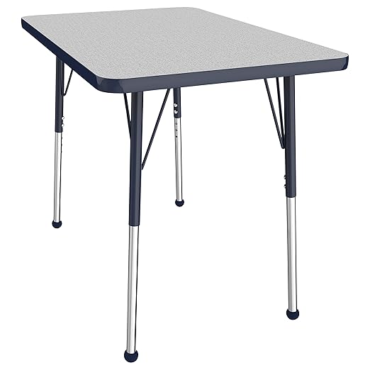FDP Rectangle Activity School and Office Table (24 x 36 inch), Standard Legs with Ball Glides, Adjustable Height 19-30 inches - Gray Top and Navy Edge