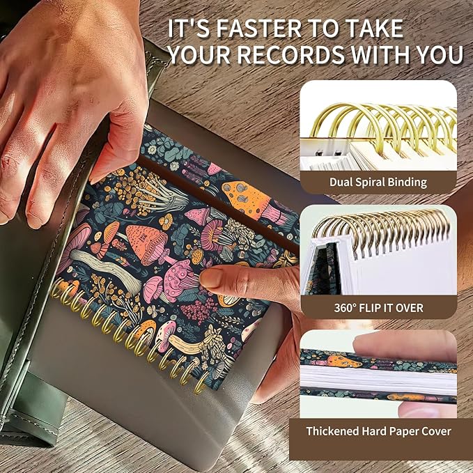Bansutay Spiral Journal Notebook, A5 Cute Notebooks for Women Men, College Ruled Hardcover Notebook for Work & Note Taking, 60 Pages Double-Wire Journals for Writing (BOHO Mushroom)