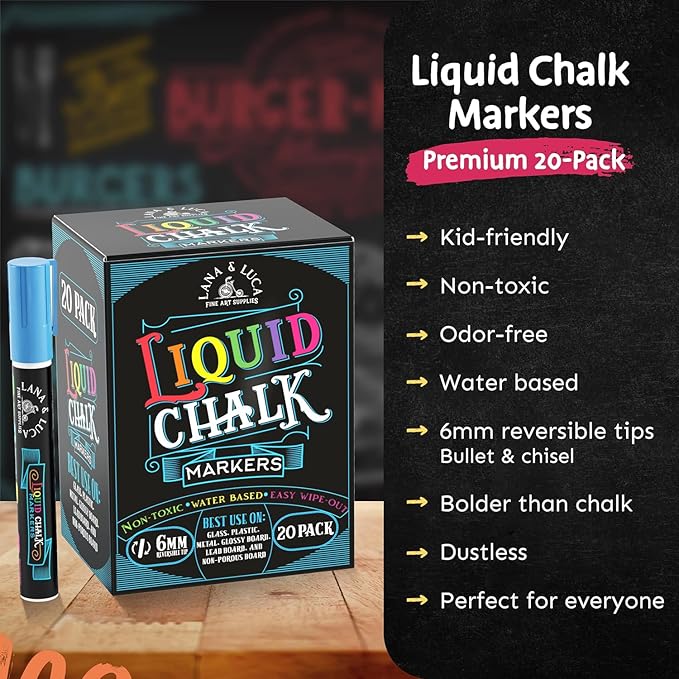 LANA & LUCA Liquid Chalk Markers for Blackboards - Bold Color Dry Erase Marker Pens - Chalk Markers for Chalkboards Signs, Windows, Blackboard, Glass - 6mm Reversible Tip (20 Pack)