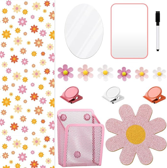 Harloon 15 Pcs Locker Decoration and Organizer Kit Locker Wallpaper Magnetic Pen Holder and Mirror Whiteboard Marker Cork Board with 3 Push Pins 3 Magnetic Clip 6 Magnets (Retro Flowers)
