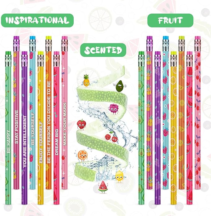 Leinuosen 72 Pcs Scented Pencils for Kids Cute Motivational Colorful Fun Wood HB Pencils Bulk with Erasers Fruit Elements for School Office Classroom Student