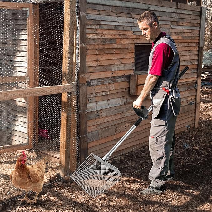 15-inch Large Chicken Poop Scooper with Ergonomic Grip, 4 in 1 Adjustable Chicken Coop Pooper Shovel (24 to 70"), Sifting Litter Shovel Scoop for Chicken Coop/Goat Stall/Stable Cleaning