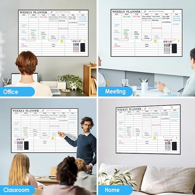 MaxGear 36"x24" Adhesive Dry Erase Calendar Weekly Whiteboard for Wall, Office, Classroom, Home, Drill-Free Installation, 1 Marker Holder, 4 Markers, 1 Eraser, 6 Magnets, Smooth Writing & Erasing