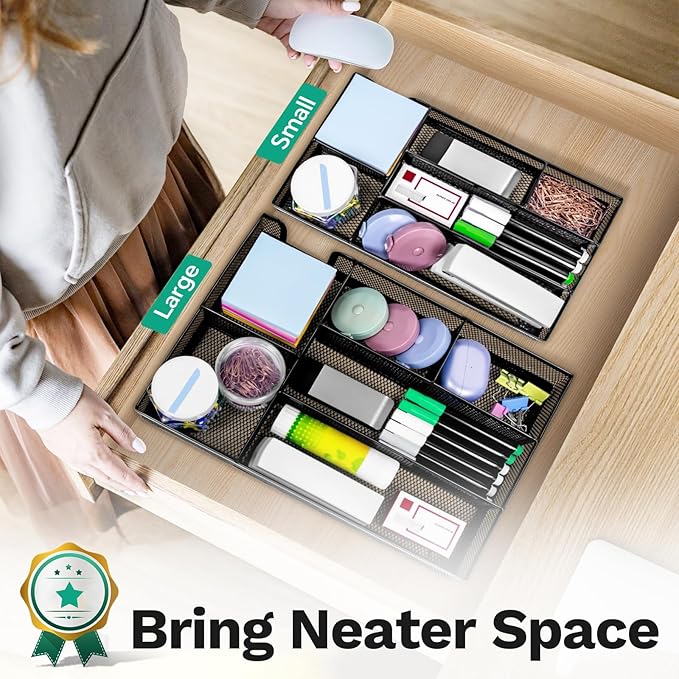 Desk Drawer Organizer Tray Versatile Metal Mesh Desk Organizers and Accessories for Office Supplies, School, Home, 10.34 x 6.1 x 1.38 Inches