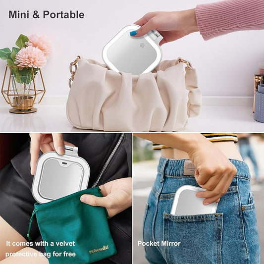 Mocado Compact Travel Makeup Mirror, 1X/30X Magnifying Mirror with Light, Double Sides Compact Mirror with 3 Color Light, Dimmable Handheld Mirror, Rechargeable Travel for Purse,Pocket(White)
