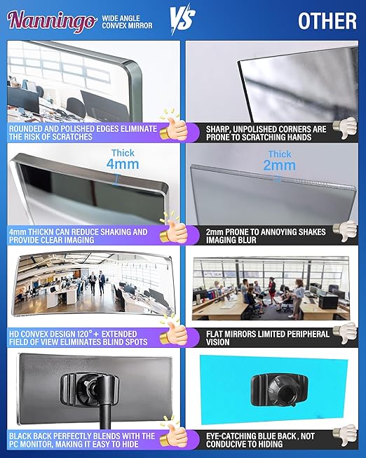 Nnaningo Wide Angle Convex Mirror for Computer Monitor, Office Cubicle & Desk, Stick-On Rear View Mirror to See Behind You, 360° Rotatable Security Mirrors for Personal Safety (2 Pack 12" x 3")