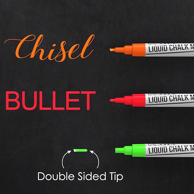 Kassa 10-Pack Neon Multicolor Chalk Markers | Includes Reversible Bullet & Chisel Tips | Works on Chalkboards, Windows, Glass or Mirrors |Ideal for Use at Home, & Office