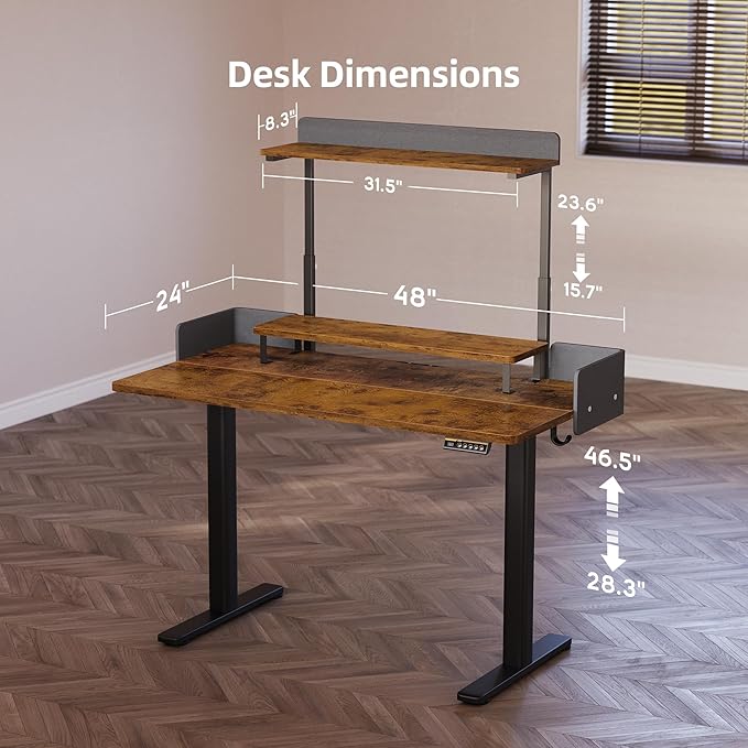 Claiks Electric Standing Desk, 48 x 24 Inches Height Adjustable Desk with Removable Shelves, Stand Up Desks Computer Workstation, Rustic Brown