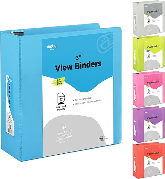 3 Slant D-Ring Binder 3 Inch Blue, 3 in Clear View Cover with 2 Inside Pockets Binder, Heavy Duty Colored School Supplies Binders,Also Available in Green, Grey, Purple, Red, Pink (12 PC) – by Enday