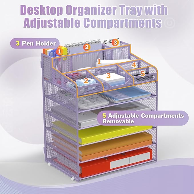 Docnest 6 Tier Mesh Desk Organizer for Paper Office Supplies – Multi-Functional Letter Tray with 5 Adjustable Compartments, 3 Pen Holders, Desktop Storage for Files, Mail, Stationery – Purple