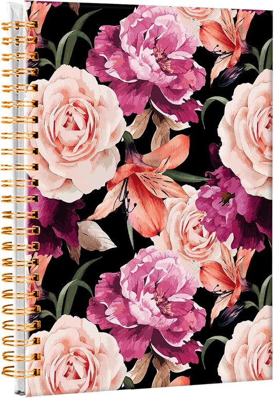 iampanda Spiral Journal Notebook,Strong Twin-Wire Binding with Premium Paper for Girl Women,Fashion 60 Sheets A5 College Ruled Notebook/Journal,Perfect for School Office Home Gifts,Black Pink Rose