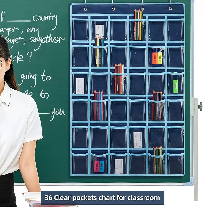 36 Clear Pockets Classroom Pocket Chart for Cell Phone and Calculator Holder, Door Hanging Pocket Chart for Classroom Phone Holder with Number Sticker and Hooks (Blue)