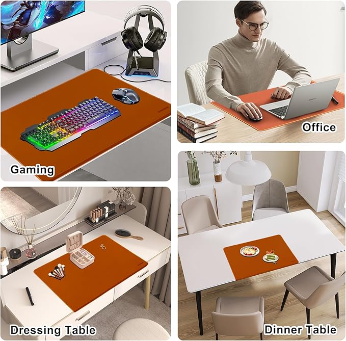 Desk Mat with Lip & Reinforced Stitched Edge|Non-Slip Waterproof PU Leather Desk Pad|Ergonomic Keyboard Mouse Pad with Edge Protector|for Office, Home, Study(28.74" x 16.73",Brown)