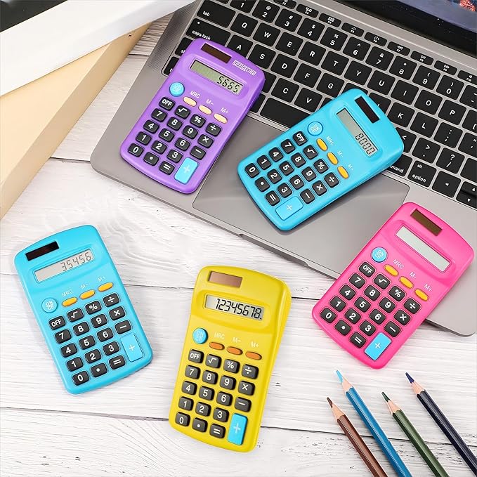 Weewooday 6 Pieces Pocket Size Basic Calculators Bulk 8 Digit Mini Solar Battery Dual Power Calculator for Desktop Home Office School Students Kids, Standard Function 6 Colors