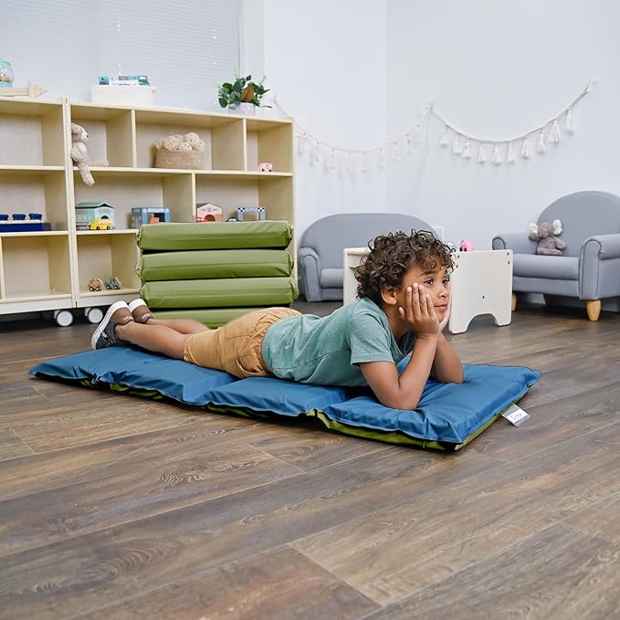 Children's Factory Nap Mats, 2 inch Thick Toddler Nap Mats for Preschools and Daycares, Comfortable and Soft 4 Section Folding Nap Mat, Sage and Deep Water, Set of 5