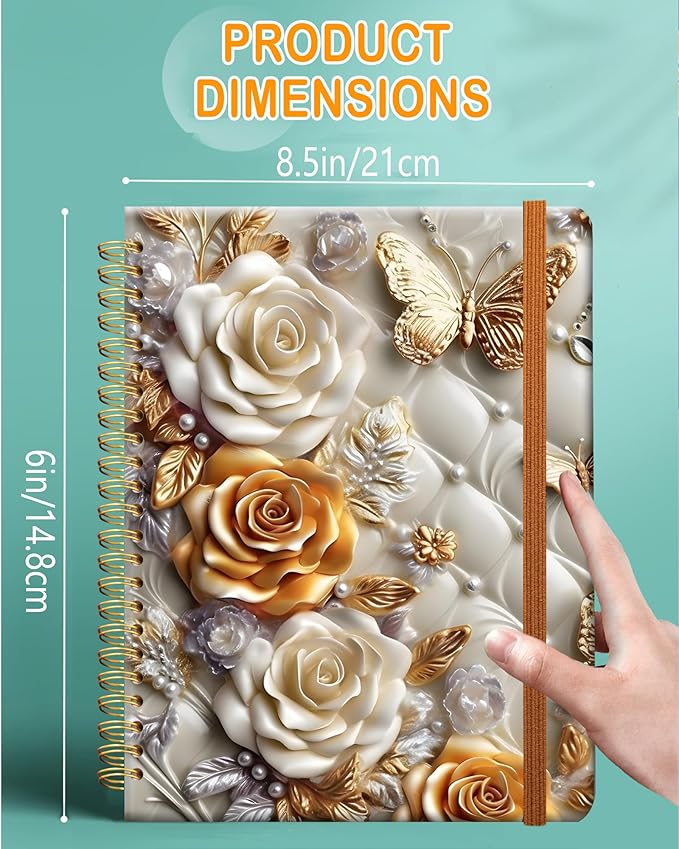 Ruled Spiral Writing Notebook,A5 Hardcover Lined College Journal for Women Lady Girl,Strong Twin-Wire Binding with Premium Paper,8.4" X 6",Perfect for School,Office,Home Gifts(diamond butterfly floral