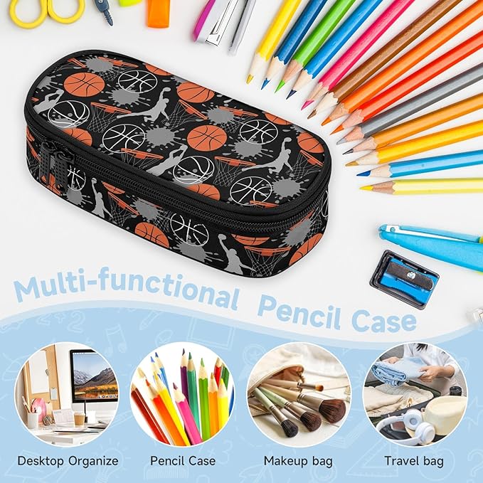 Basketball Large Pencil Case Big Capacity Pencil Pouch for Boys Girls Teen Women Men Adult, Portable Kids Pencil Bag with Zipper, Stationery Storage Pen Bag for School Supplies Office Organizer