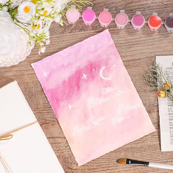 Prudiut 25 Sheets Watercolor Paper, 300 GSM Deckled Edge Paper 6 x 8 inch Rough/Textured Handmade Paper Cotton Paper White Textured Paper for Watercolors, Wedding Invitations, Cards, Crafts