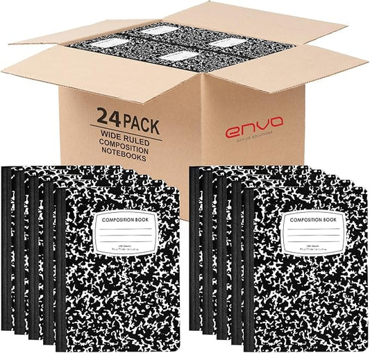 ENVO Composition Notebooks, Wide Ruled Composition Notebook, Black Marble Covers Composition Notebook, 100 sheets (24 Pack, Wide Ruled)