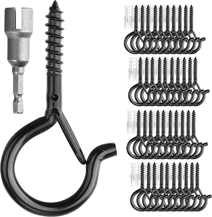 PlusRoc 40 Pack Ceiling Hooks for Hanging Plants, String Lights, Heavy Duty Outside Screw in Q-Hanger, 2.2 Inch Black Cup Hooks, Wall Ceiling Deck Mount