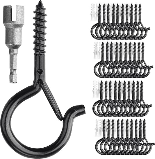 PlusRoc 40 Pack Ceiling Hooks for Hanging Plants, String Lights, Heavy Duty Outside Screw in Q-Hanger, 2.2 Inch Black Cup Hooks, Wall Ceiling Deck Mount