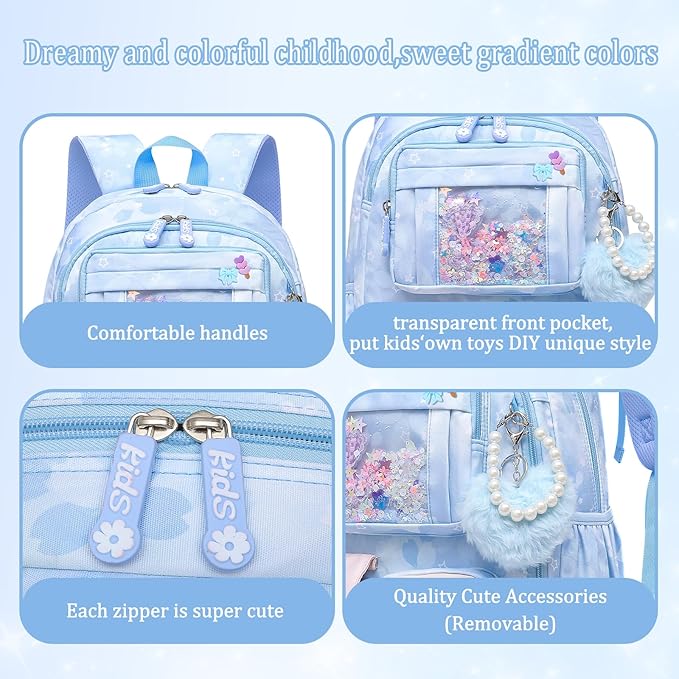 Lovely Girls Backpack School Bag for Students Kids Book Bag with Multiple Pockets Splash-proof Children's Backpack（17inch Blue）