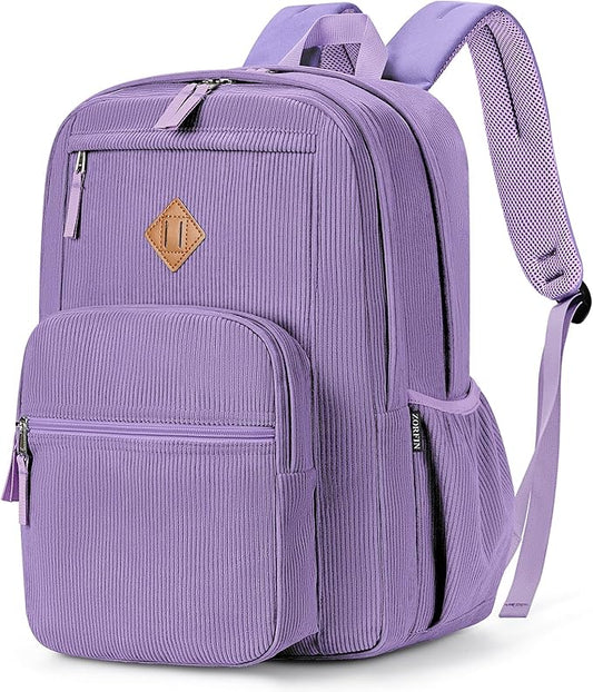 ZORFIN 26L Backpack for School, College, and Travel: Corduroy Bookbag with 8 Compartments - Deep Purple