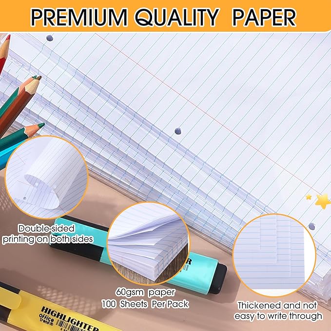 Fainne 20 Pack Notebook Paper Bulk Wide Ruled 8 x 10.5'' Wide Ruled Loose Leaf Notebook Paper Lined Filler for 3 Ring Binders for Office Notes Writing Binder Refill 100 Sheets Per Pack
