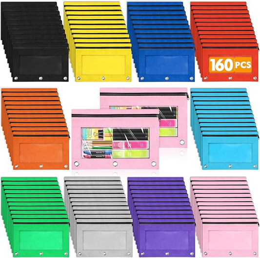 160 PCS Pencil Pouch for 3 Ring Binder, Zipper Pencil Pouches in 10 Colors, Durable 3 Ring Pencil Pouches with Clear Window, Binder Pencil Pouch Bulk for Classroom Office School Supplies