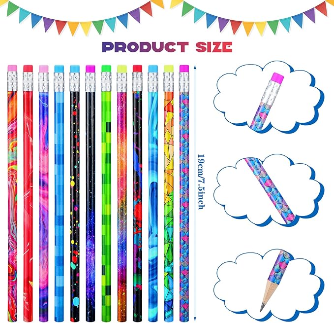 Chinco 200 Pieces Wooden Pencil with Eraser for Kids Assortment Colorful Fun Pencils Bulk with Eraser Kids Novelty Back to School Supplies for Classroom, Student Reward, Stationery Party Favors