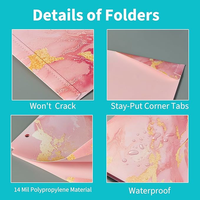 Binditek 6 Pack Heavyduty Plastic Folders with Pockets, Waterproof 2-Pocket File Folders with Card Slots, 6 Decorative Marble Color Designs, 3-Hole Punched for Letter Size