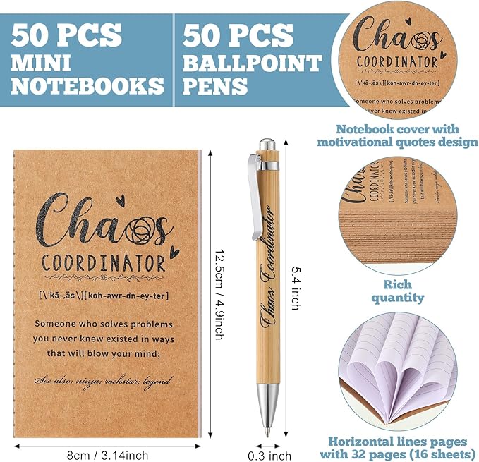 Sabary 100 Pcs Back to School Gifts Inspirational Notepads Ballpoint Pens Sets Mini Motivational Pocket Notebooks Journals Bulk Teacher Appreciation Presents for Office Supplies(Chaos Coordinator)
