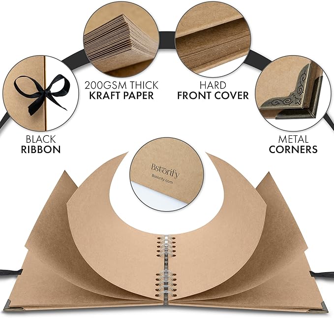 Bstorify Square Scrapbook Photo Albums 36 Pages (7 x 7 inch) Brown Thick 200gsm Kraft Paper Scrap Book, Ribbon Closure - Ideal for Your Scrapbooking Albums, Art & Craft Projects (7 x 7 Inch, Brown)
