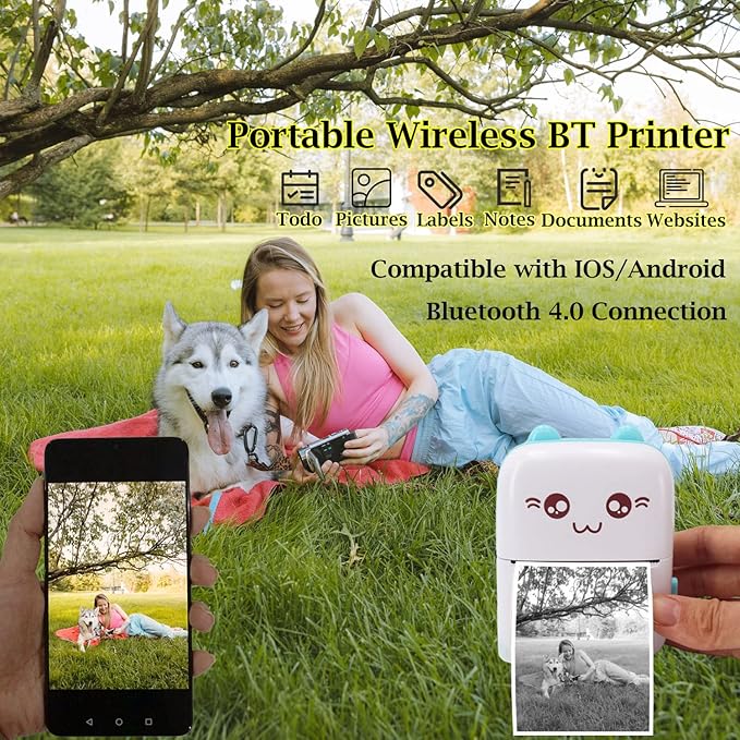 Mini Pocket Printer, Portable Thermal Printer with 8 Rolls Printing Paper, Bluetooth Wireless Tiny Printer for Photos/Stickers/Labels/Notes/Receipts, Compatible with iOS and Android, Blue