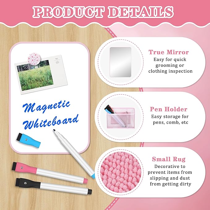 16 Pcs Pink Locker Accessories for Girls, Locker Organizer & Decorations with Shelf, Rug, Magnetic Wallpaper, Mirror, Whiteboard, Pen Holder, Markers, Magnets for Back to School Office Gym