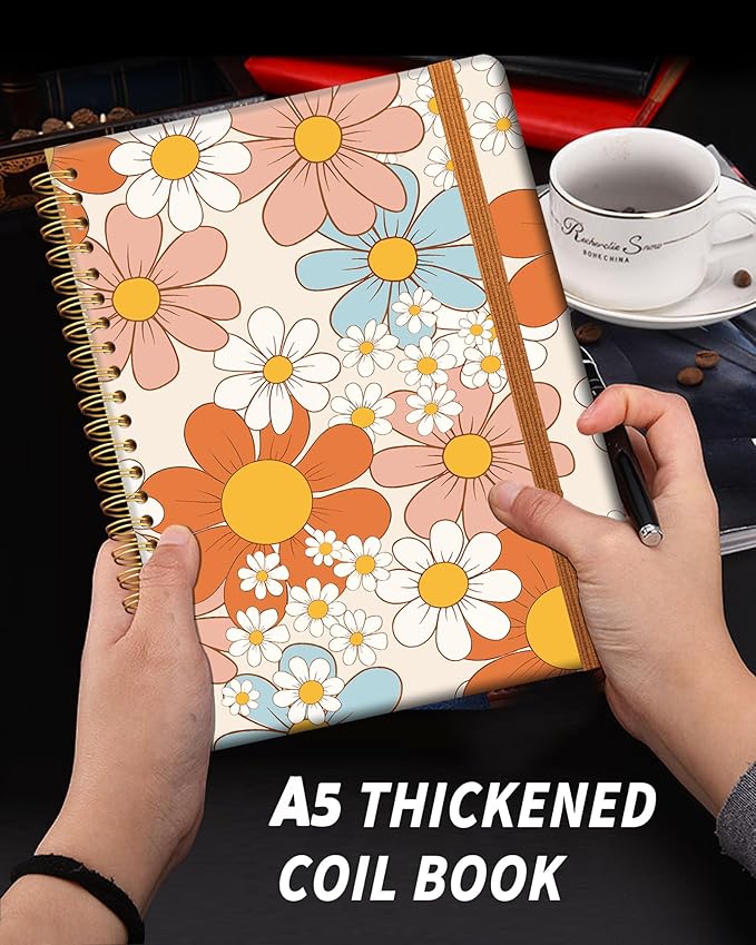 Ruled Spiral Writing Notebook,A5 Hardcover Lined College Journal for Women,Strong Twin-Wire Binding with Premium Paper,8.4" X 6",Perfect for School,Office,Home(Orange Pink Flowers)